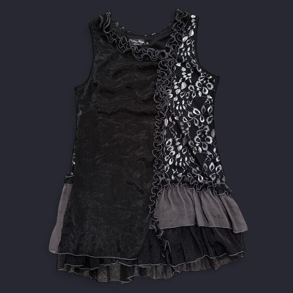 VTG Y2K Pretty Angel Black, Grey & Silver Silk Blend Grunge Ruffle Tank Top M - Picture 5 of 7